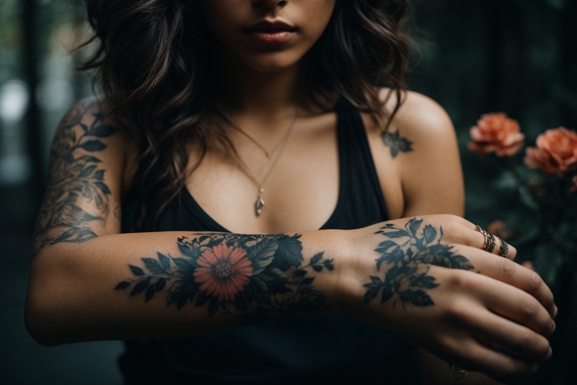 PhotoReal_girls_arm_with_black_ink_floral_tattoo_0